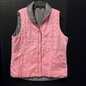 Reversible Pink and Gray Quilted Puffer Vest with Standing Collar